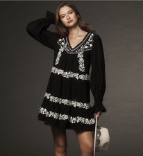 ANTHROPOLOGIE Cottagecore Embroidered Mini Dress Size:M Pintuck Tiered Swing