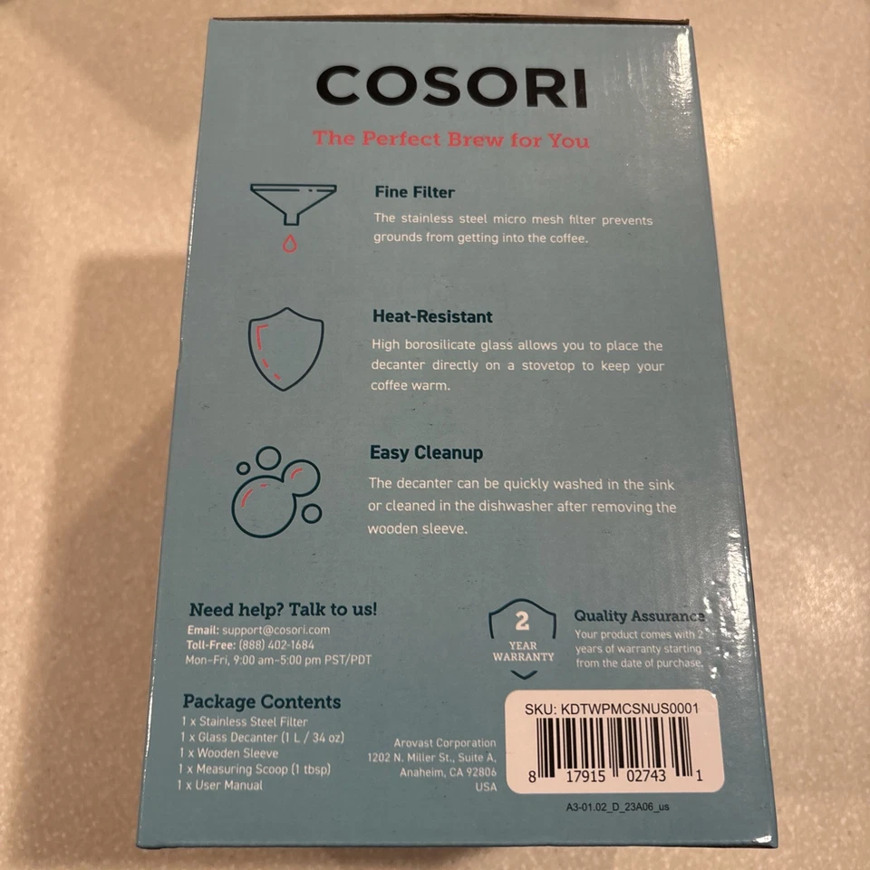 Кофеварка COSORI Pour Over с двухслойным фильтром из нержавеющей стали, прозрачная - Изображение 2 из 3