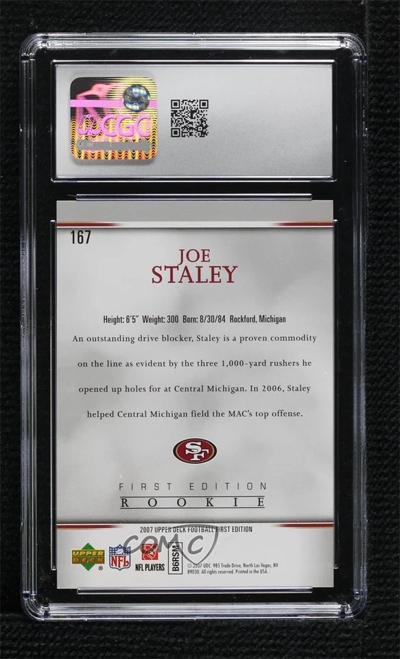 2007 Upper Deck First Edition Rookie Joe Staley #167 CGC 10 Gem Mint Rookie RC - Image 2 of 2