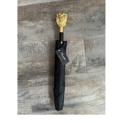 Pasotti Luxus Designer Herren Schirm Schwarz Rautenmuster Löwenkopf-Griff gold 