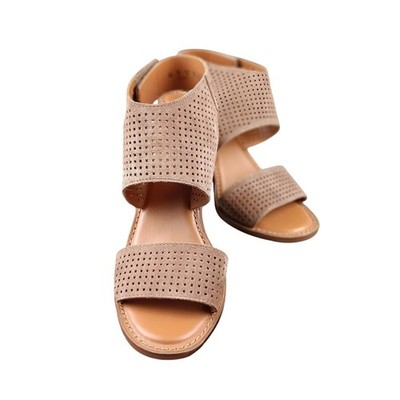 Franco Sarto Taupe Suede Perforated Block Heel Sandal Shoes Women's US 7M