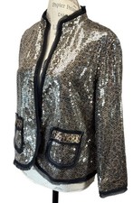 Chico  s Sequin Jacket Blazer Animal Print Trim Open Front Evening Party Size 1