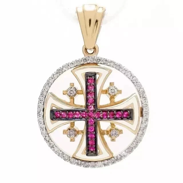 2Ct Round Cut Lab-Created Red Ruby Cricle Cross Pendant 14K Yellow Gold Plated - Image 2 of 4