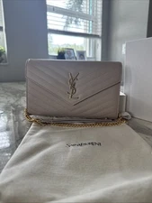 YSL Saint Laurent Envelope, Dark ￼ Beige, Grained Leather Chain, Wallet