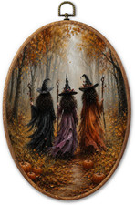 Vintage Fall Halloween Three Witches Forest Wall Art Decor, Retro Farmhouse Cott