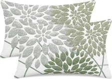 Sage Green Dahlia Floral Lumbar Pillow Covers 12x20 Inch Set of 2 Boho