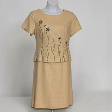 Vintage Positive Attitude Linen Blend Floral Embroidered Dress Yellow Sand Sz 16