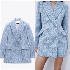Zara Blue Tweed Double Breasted Boucle Blazer Sz S Blogger Fave Classic Preppy
