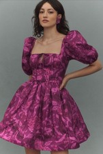 BHLDN Anthropologie Mini Dress Chloe Puff Sleeve Jacquard Preppy Size XL NWT