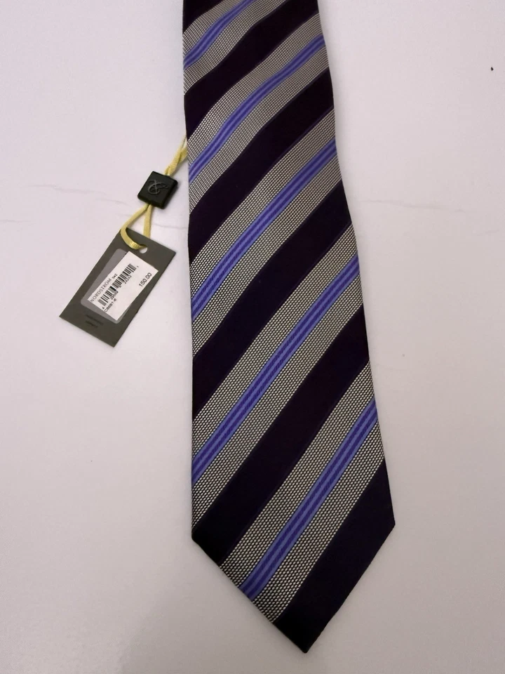 豪华! 全新 正品 Canali 真丝领带 意大利制造 深紫色条纹 全新带标签 — 第 3/4 张图片