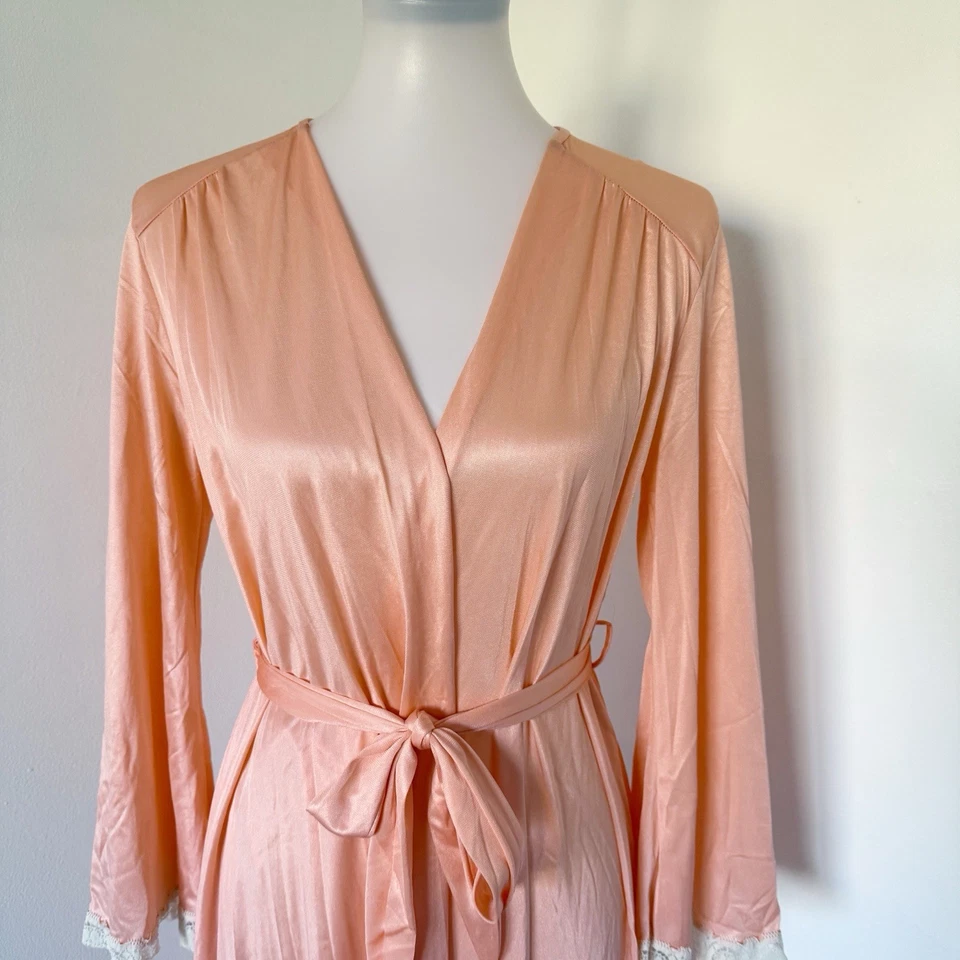 Vtg Lace Trim Robe Womens L Long Sleeve Nylon Elegant Lingerie Orange Coral Belt - Image 3 of 4