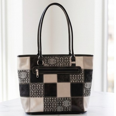 Giani Bernini Patchwork Logo Tote Bag Black Beige Silver Medium Handbag 14x10