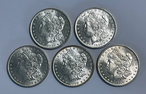 Five BU US $1 Pre 1921 Morgan Dollars, 1881-O, 1884-O, 1885-O, 1898-O & 1904-O