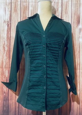 Women s Small Blouse Christopher Banks Green Button Down 3/4 Sleeves V Neck Soft