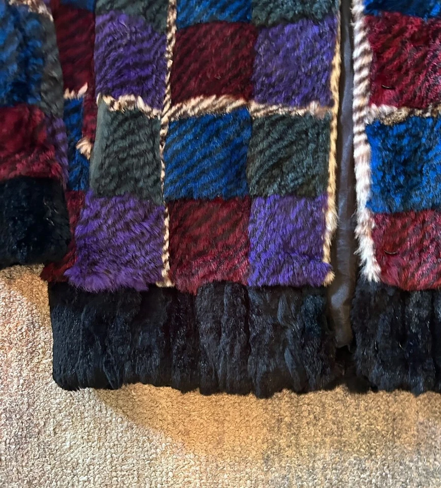 Abrigo de proxeneta vintage 100 % piel de conejo chaqueta patrón geométrico talla M-L archivo años 80 Foto 3 de 4