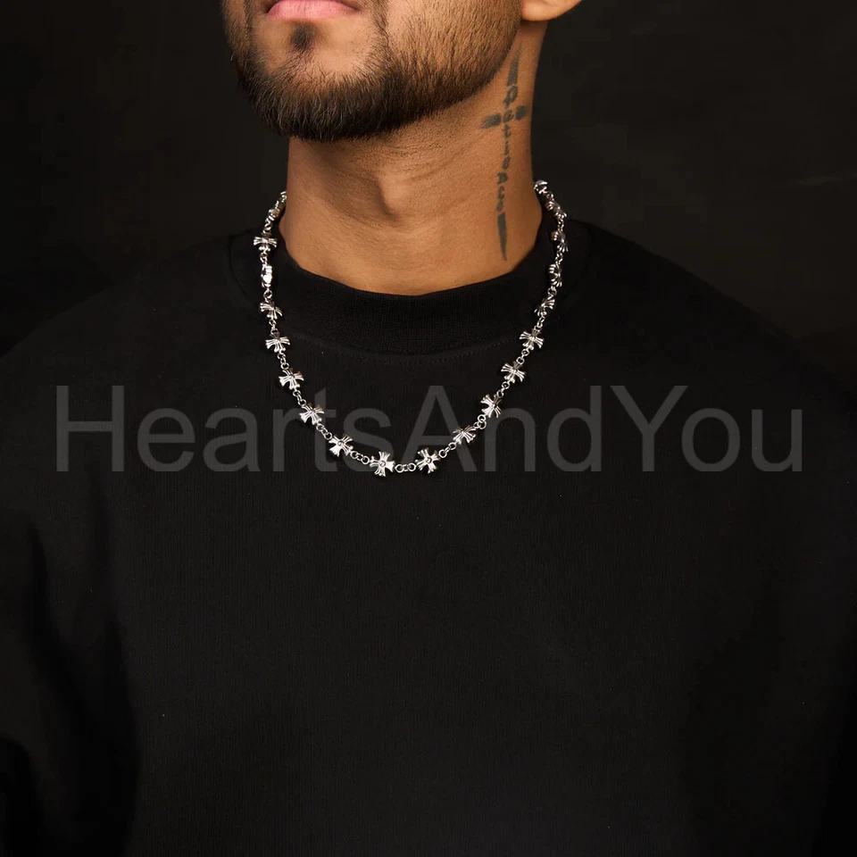 Pewter Cross Chain Link Necklace for Men 14K White Gold Plated - Image 2 of 3