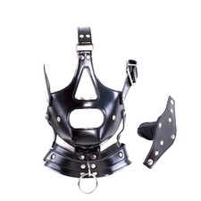 PU Leather Hood Blindfold,Head Harnes Mask with Realistic Mouth Gags,Binding