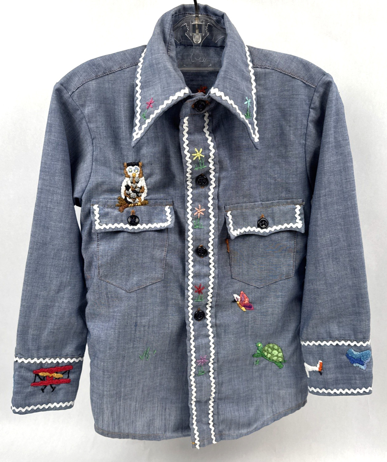 Vintage Cottage Core 1970s Girls Size 6 Shirt Embroidered Needlepoint Blue  