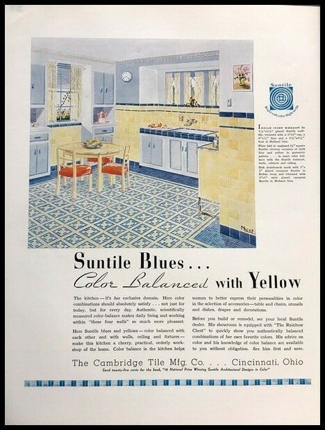 1937 Cambridge Tile advertisement showing a blue and yellow tiled kitchen