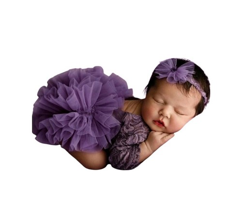 Baby Girl Lace Flower Bodysuit & Headband Dress Photography Prop Set 0-1 Month - Picture 26 of 35