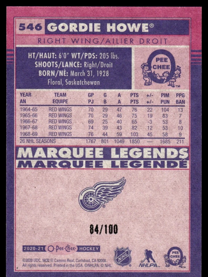2020-21 O-Pee-Chee Retro Black Border Gordie Howe 84/100 Detroit Red Wings #546 - Image 2 of 2