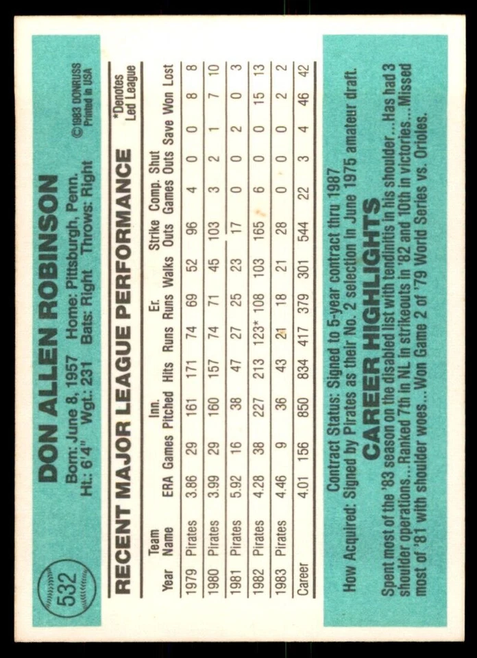 1984 Donruss Don Robinson Baseball Cards #532 - Image 2 of 2