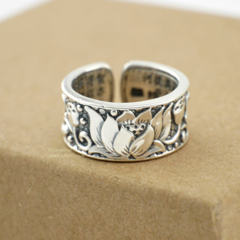 925 Sterling Silver Men Pinkie Lotus Heart Sutra Buddhism Yoga Ring Womens A3345