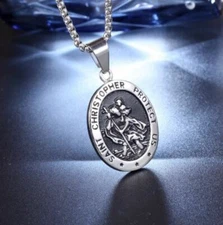 Mens St Saint Christopher Medal Pendant Necklace Stainless Steel Amulet