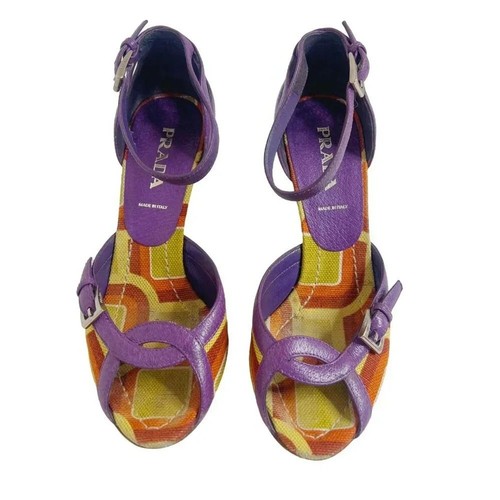 Prada RARE Vintage y2k Green and Purple Mod Print Wedges Women's Size 6 - Picture 4 of 12