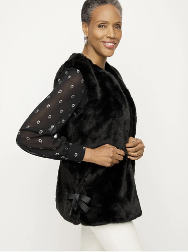 TALBOTS BOW DETAIL FAUX FUR BLACK VEST SIZE MEDIUM NWT - Picture 1 of 6