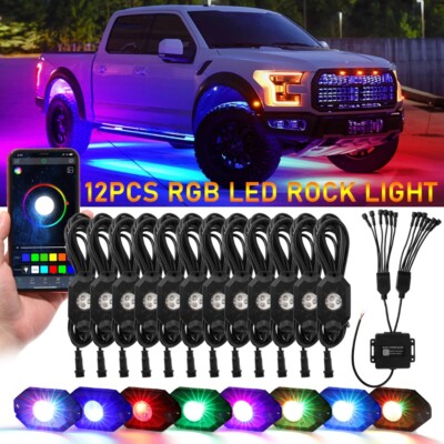 12 Pods RGB LED Rock Lights Underbody Neon Lamp APP Music Chasing Off-road ATV