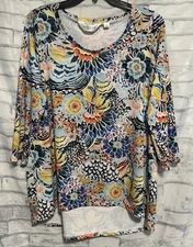 Allison Taylor Blouse Womens L Floral 3/4 Sleeve Multicolor Scoop Neck Long Back