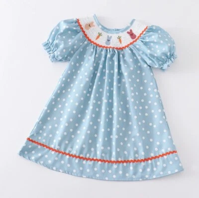 NEW Boutique Peeps Easter Bunny Rabbit Girls Smocked Embroidered Dress