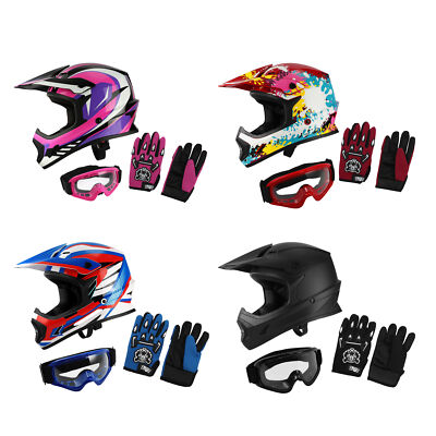 Youth Kids Motorcycle Helmet Full Face Goggles Gloves Boys Girls ATV UTV DOT