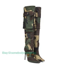 Women Over The Knee Boots Stiletto Camo Boots Pointed Toe Tight High Boots Heels