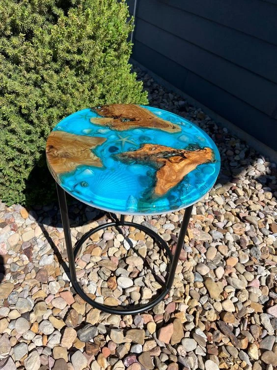 Clear Blue Epoxy Console Table Top - Round Wooden Corner Table Top - Home Decor - Image 3 of 4