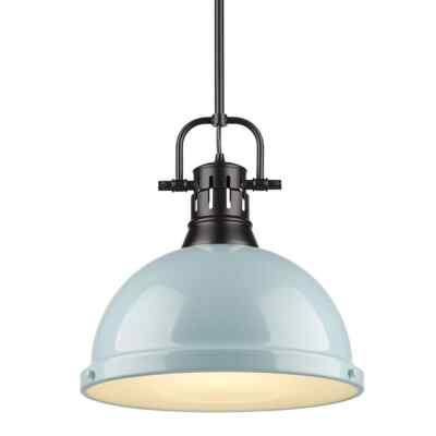 Golden Lighting Duncan 1-Light Black Pendant and Rod with Seafoam Shade
