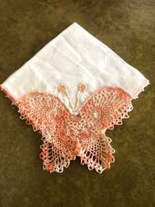 White Linen Hanky Handkerchief W/ Crocheted Butterfly And Matching Crochet Edge