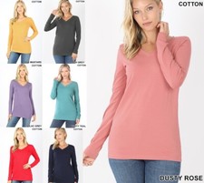 BASIC COTTON V-NECK LONG SLEEVE Womens T Shirt Casual Layering Top Tight Fitted