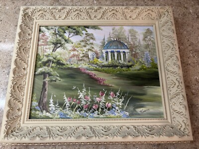 Artist Signed Cream Gold Frame Springtime Oil Painting Tulips Gazebo TK Currence