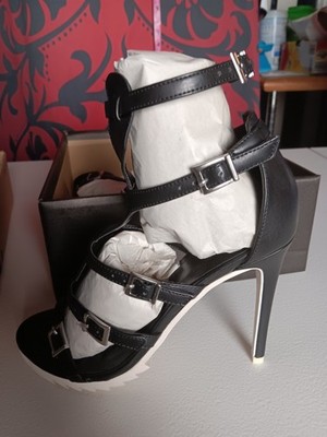 Vintage Beau + Ashe 8 Kafka Heels Black  White Y2k 90s Coquette Strappy Open Toe