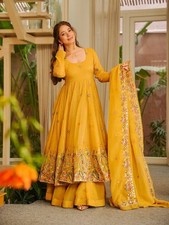Crunchy Silk Beautiful Yellow Kurta Palazzo With Dupatta For Haldi Function