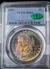 1889 Morgan Silver Dollar PCGS CAC MS64 Rainbow Toned Coin Both Sides US $1 PQ
