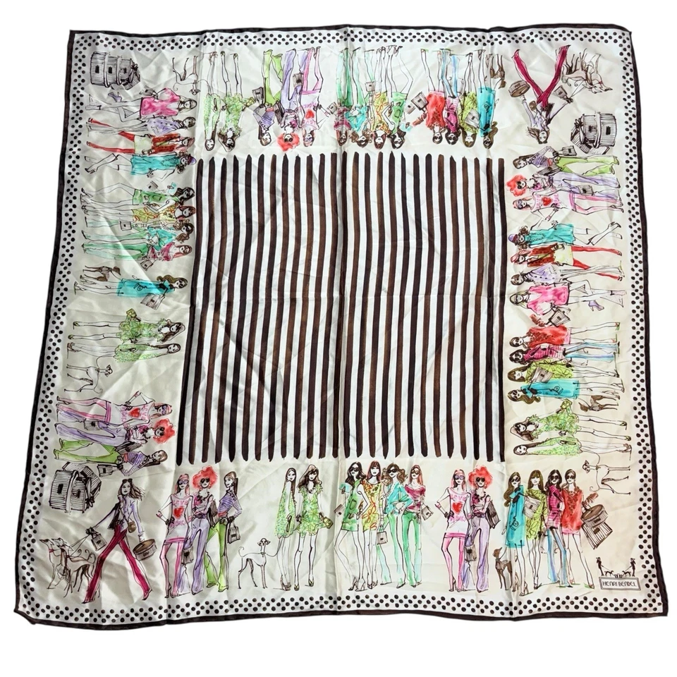 "Bufanda de seda Henri Bendel moda niñas estampado cuadrado marrón borde de lunares 34""" Foto 2 de 4