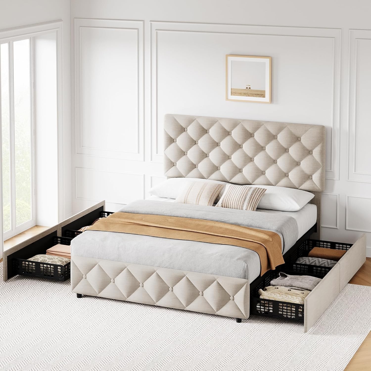 Upholstered Queen Platform Bed Frame with 4 Storage Drawers Adjustable Headboard