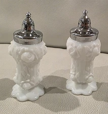 Fenton Art Glass Milk Glass Salt & Pepper Raised Roses Mint Condition 