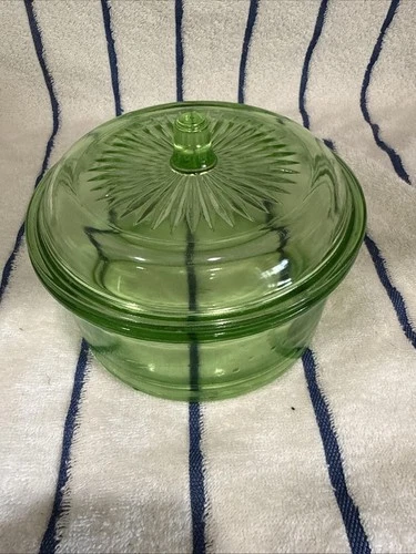 Vtg Uranium Refrigerator Dish Hazel Atlas Depression Glass Green Bowl With Lid