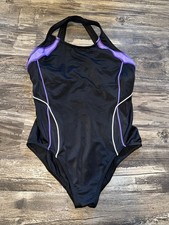 Lands End 10P One Piece Swimsuit Black Purple White Stripe Shelf Bra Racerback