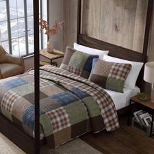 King Quilt Set Rustic Reversible Plaid Patchwork Design Cabin Lodge Farmhouse 3p