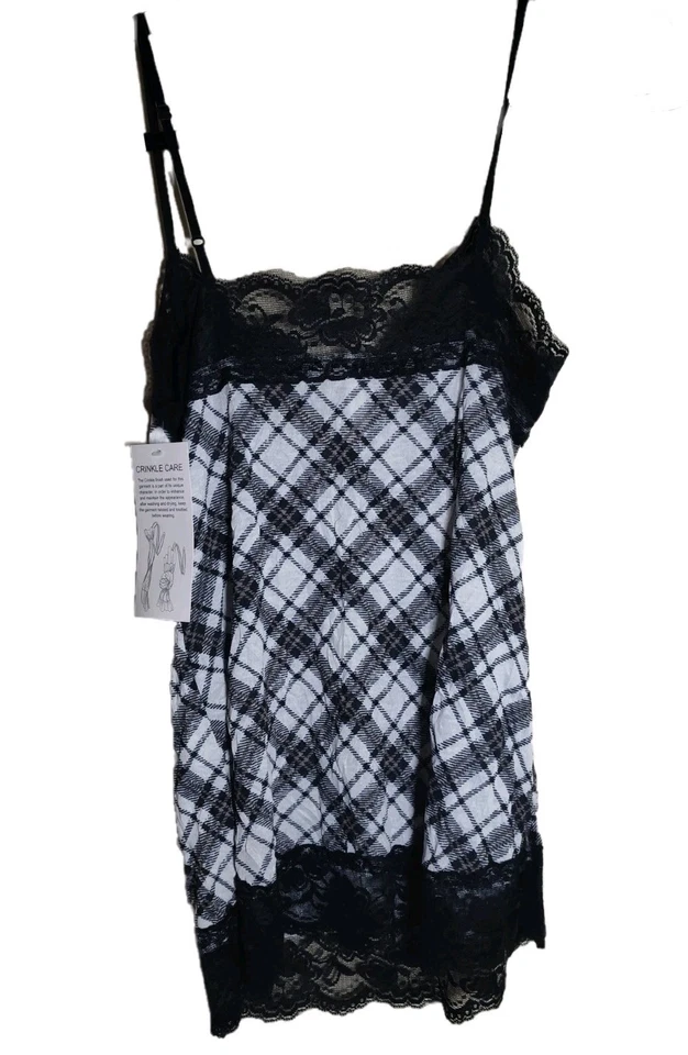 Xhilaration Y2K Black Kennesaw Plaid Babydoll Tank Top Lace Accents Size Small - Image 2 of 4